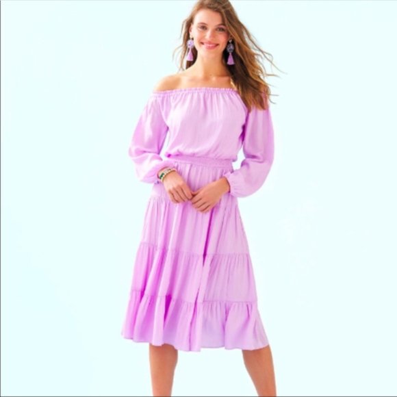 Lilly Pulitzer Jennie Midi Lilac Freesia Dress Purple Dot Dot Off the Shoulder S - Picture 7 of 16